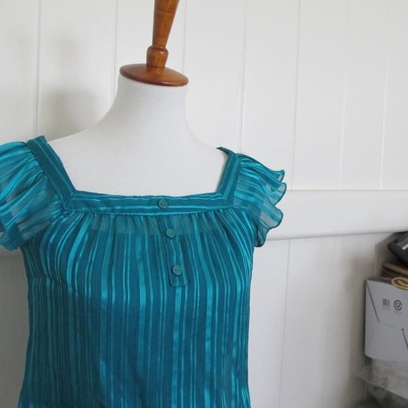 3/$15 BCX | Y2K Teal Career Smock Hem Stretch Blouse - Picture 2 of 6
